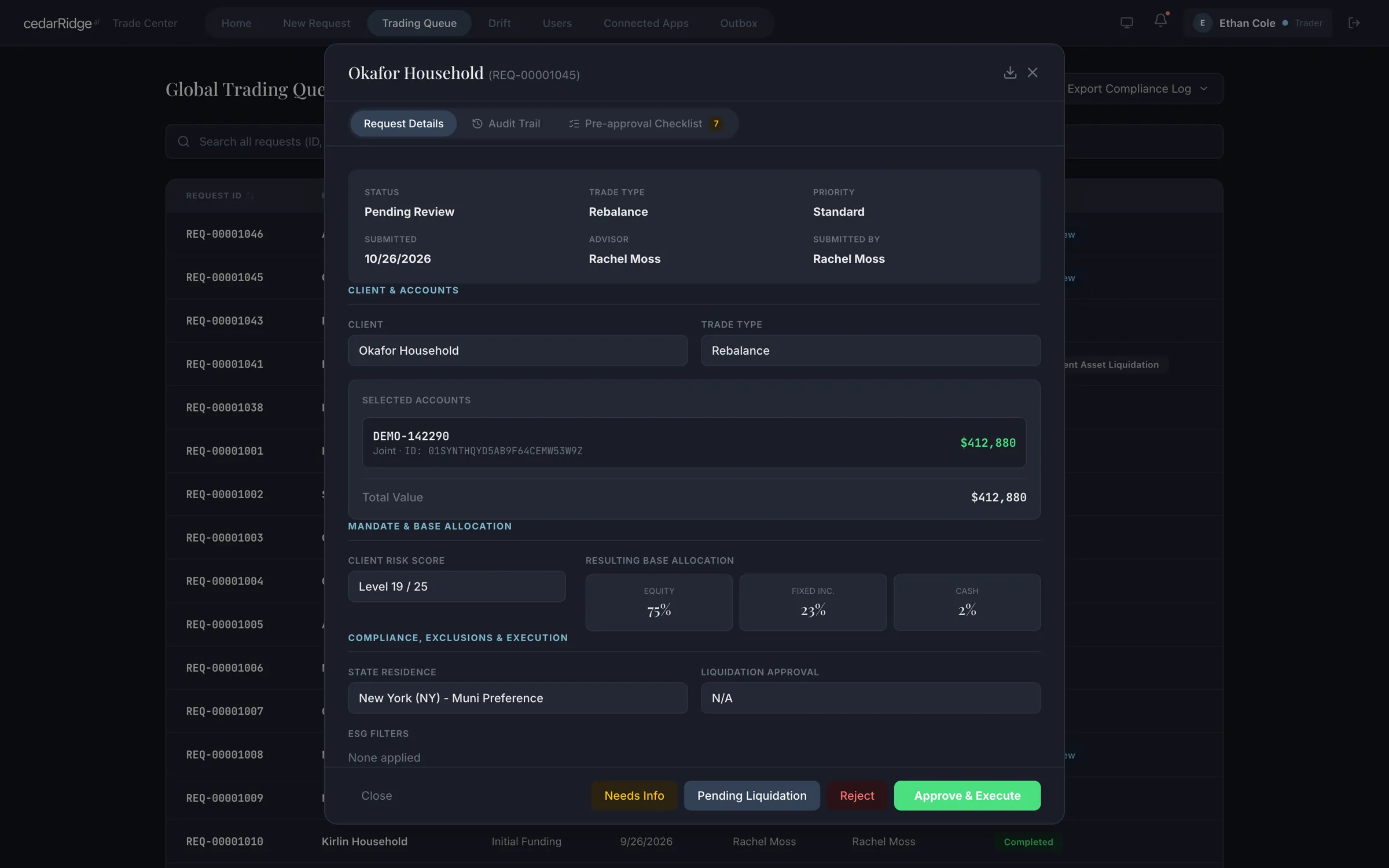 A rebalance request open for review, showing its status, the selected account, the client’s risk level and the allocation it sets, with Approve and Reject buttons.