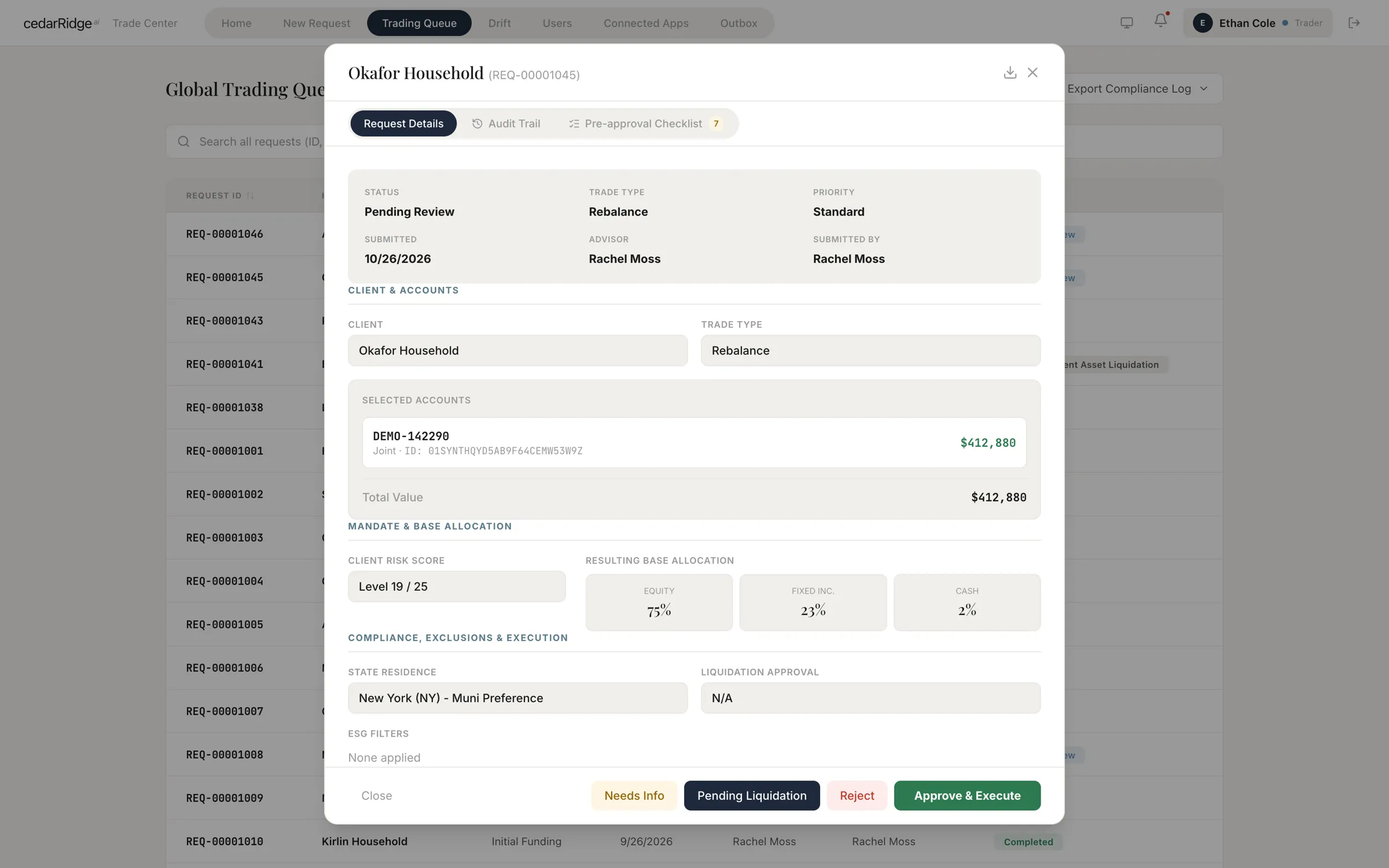 A rebalance request open for review, showing its status, the selected account, the client’s risk level and the allocation it sets, with Approve and Reject buttons.